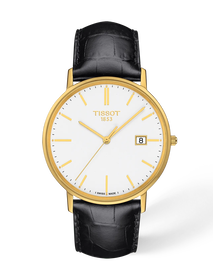 Front view of the watch Tissot Goldrun Gold 38mm with shadow