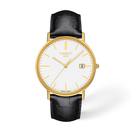 Front view of the watch Tissot Goldrun Gold 38mm with shadow