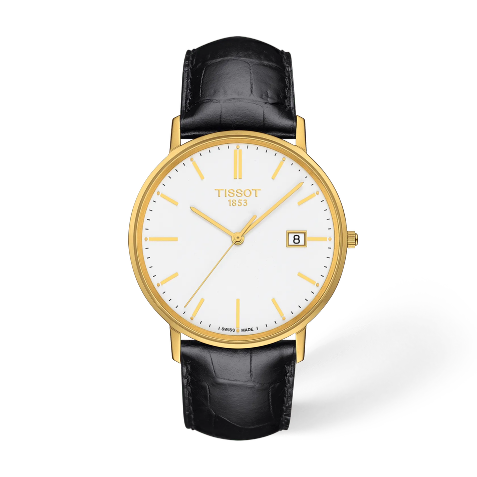 Front view of the watch Tissot Goldrun Gold 38mm with shadow