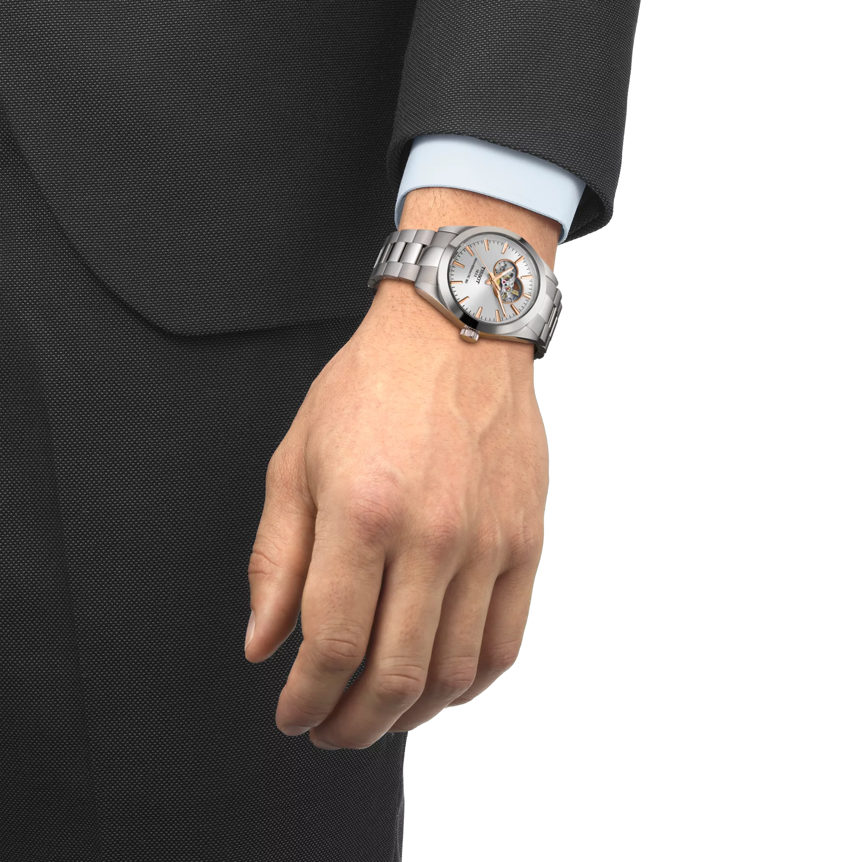 Simulation of the watch Tissot Gentleman Open Heart 40mm on a wrist