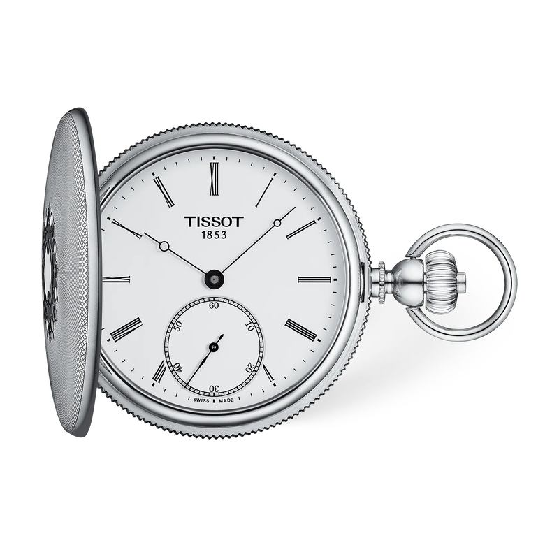 Front view of the watch Tissot Savonnette 48.5mm with shadow