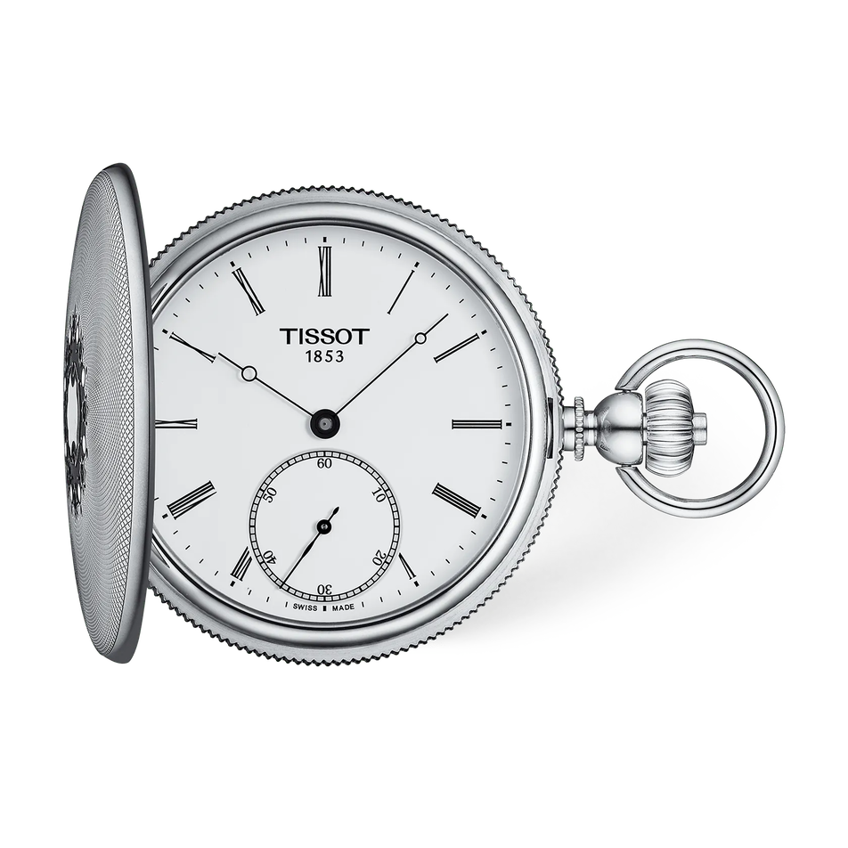 Front view of the watch Tissot Savonnette 48.5mm with shadow