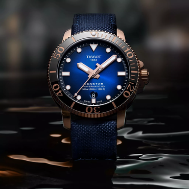Tissot Seastar 1000 Powermatic 80 watch on a colored background
