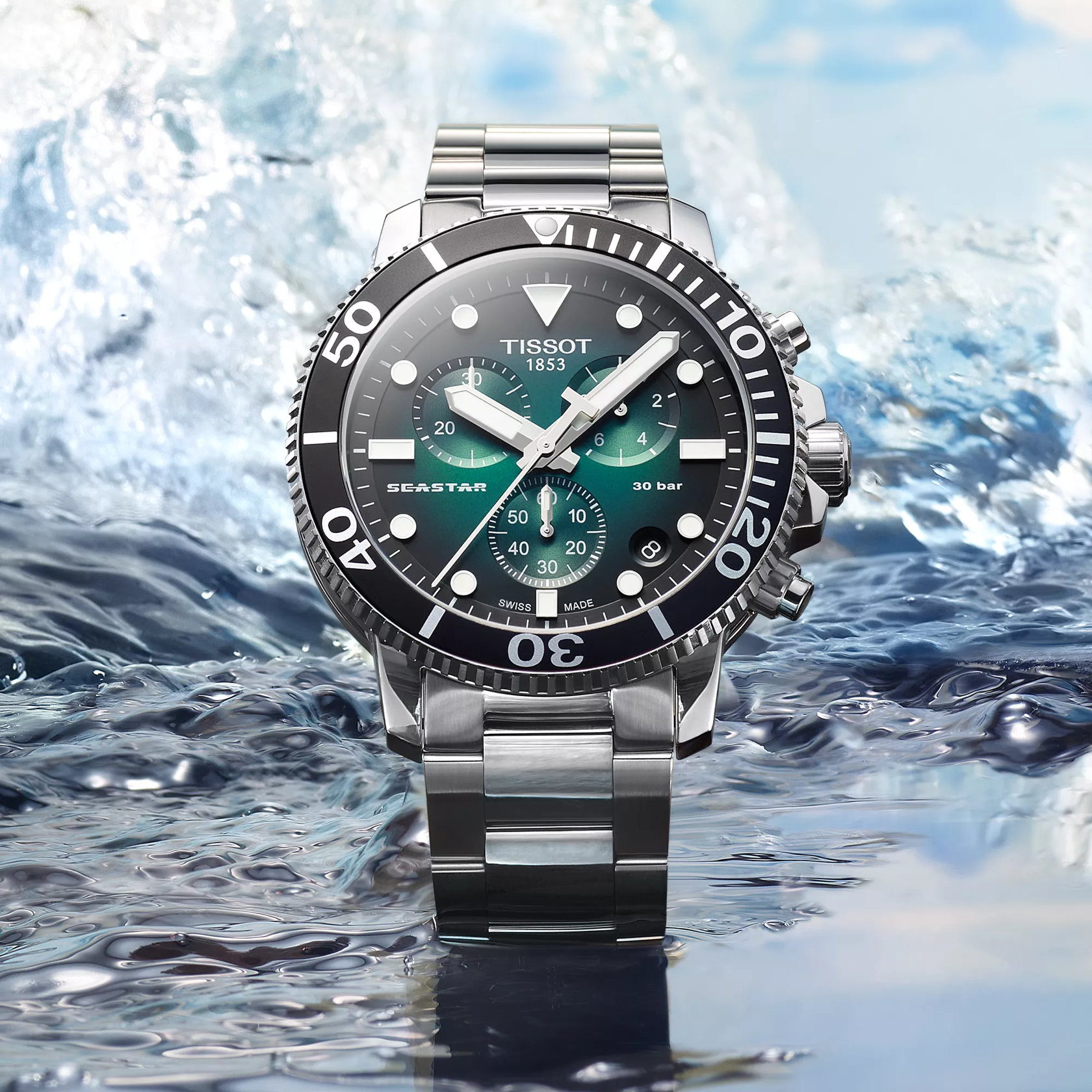 Tissot Seastar 1000 45.5mm watch on a colored background