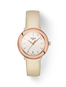 Front view of the watch Tissot Glendora Gold 33mm with shadow