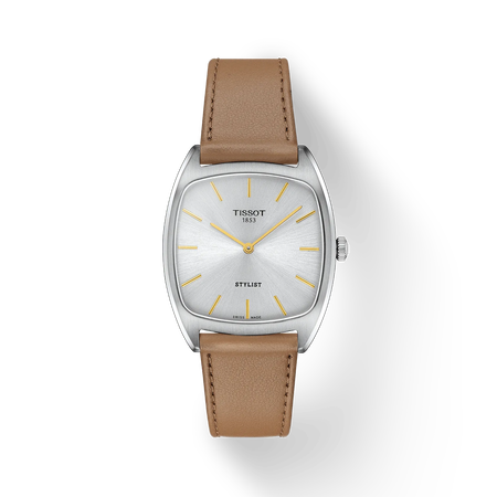 그림자가 있는 티쏘 스타일리스트 시계의 전면 보기