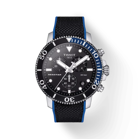 그림자가 있는 티쏘 씨스타 1000 크로노그래프 시계의 전면 보기