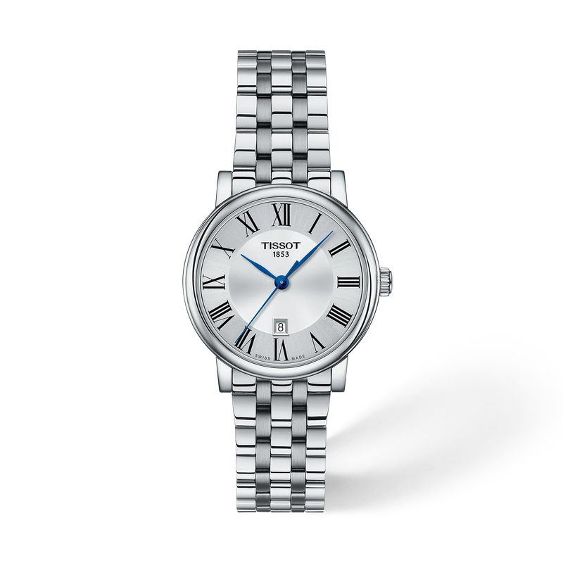 Front view of the watch Tissot Carson Premium 30mm with shadow