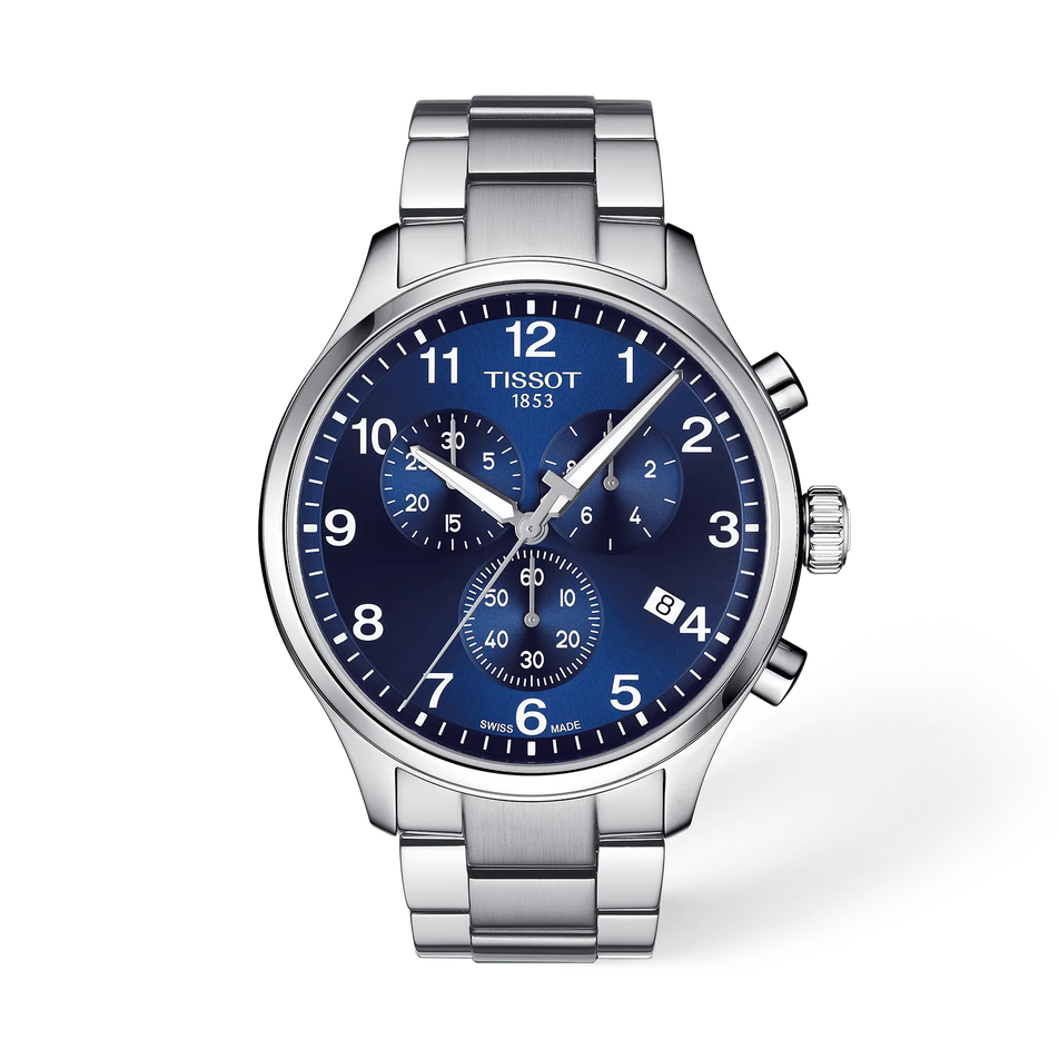 Front view of the watch Tissot Chrono XL Classic 45mm with shadow