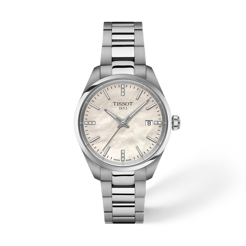 Front view of the watch Tissot PR 100 34mm with shadow