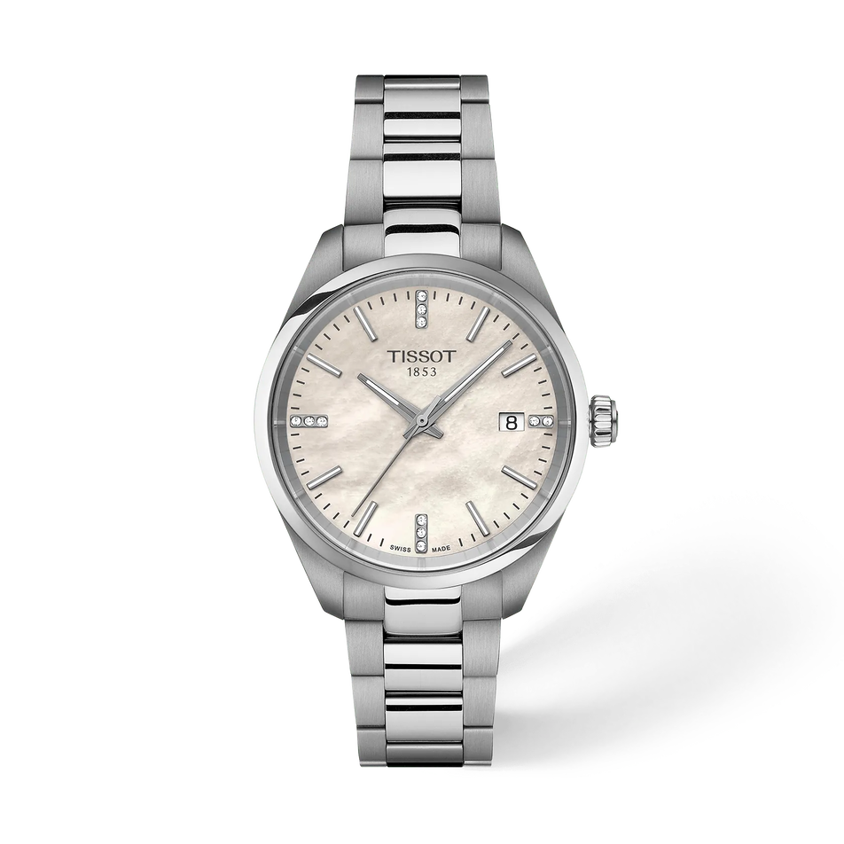 Front view of the watch Tissot PR 100 34mm with shadow