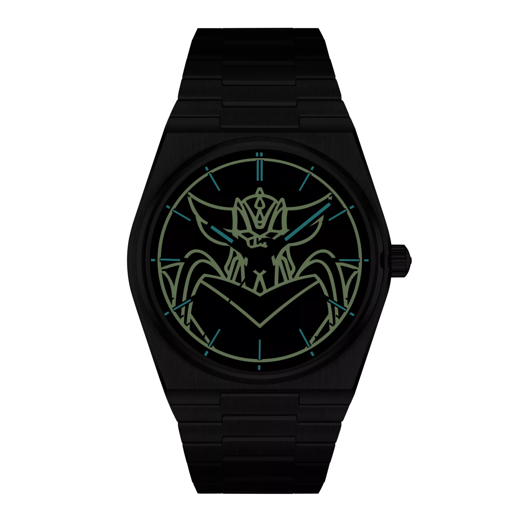 야간 모드에서 티쏘 PRX UFO 로봇 그랜다이저 40mm 시계의 전면 보기