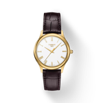 Vorderansicht der Uhr Tissot Excellence Lady 18K Gold mit Schatten