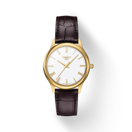 Vorderansicht der Uhr Tissot Excellence Lady 18K Gold mit Schatten