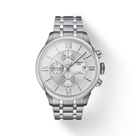 มุมมองด้านหน้าของนาฬิกา Tissot Chemin des Tourelles Automatic Chronograph พร้อมเงา