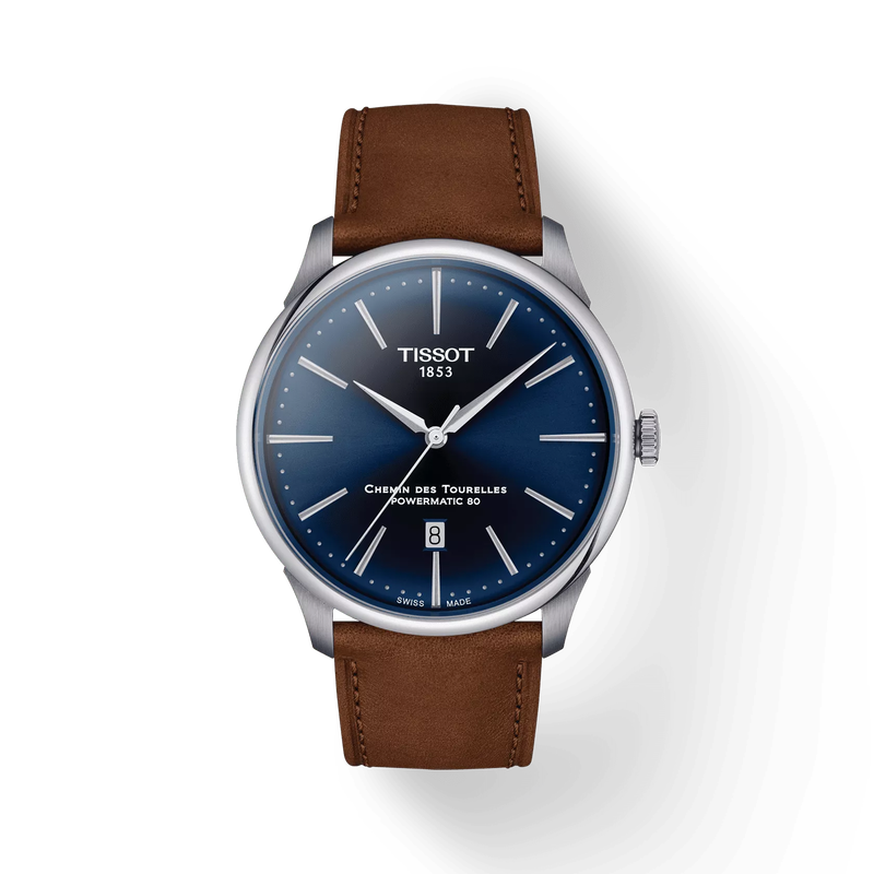 Front view of the watch Tissot Chemin des Tourelles 42mm with shadow