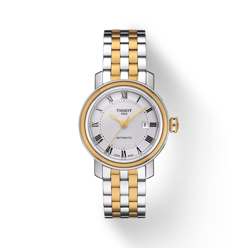 มุมมองด้านหน้าของนาฬิกา Tissot Bridgeport Automatic Lady พร้อมเงา