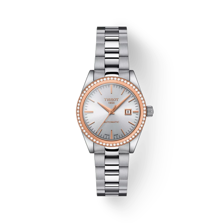 그림자가 있는 티쏘 T-마이 레이디 오토매틱 18K 골드 베젤 시계의 전면 보기