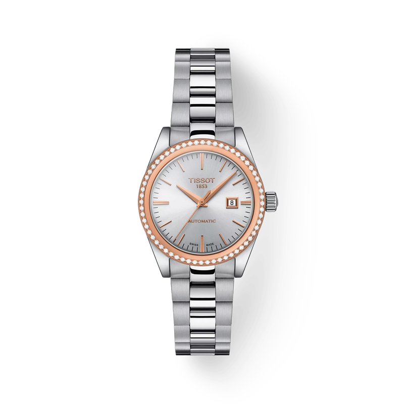 그림자가 있는 티쏘 T-마이 레이디 오토매틱 18K 골드 베젤 시계의 전면 보기