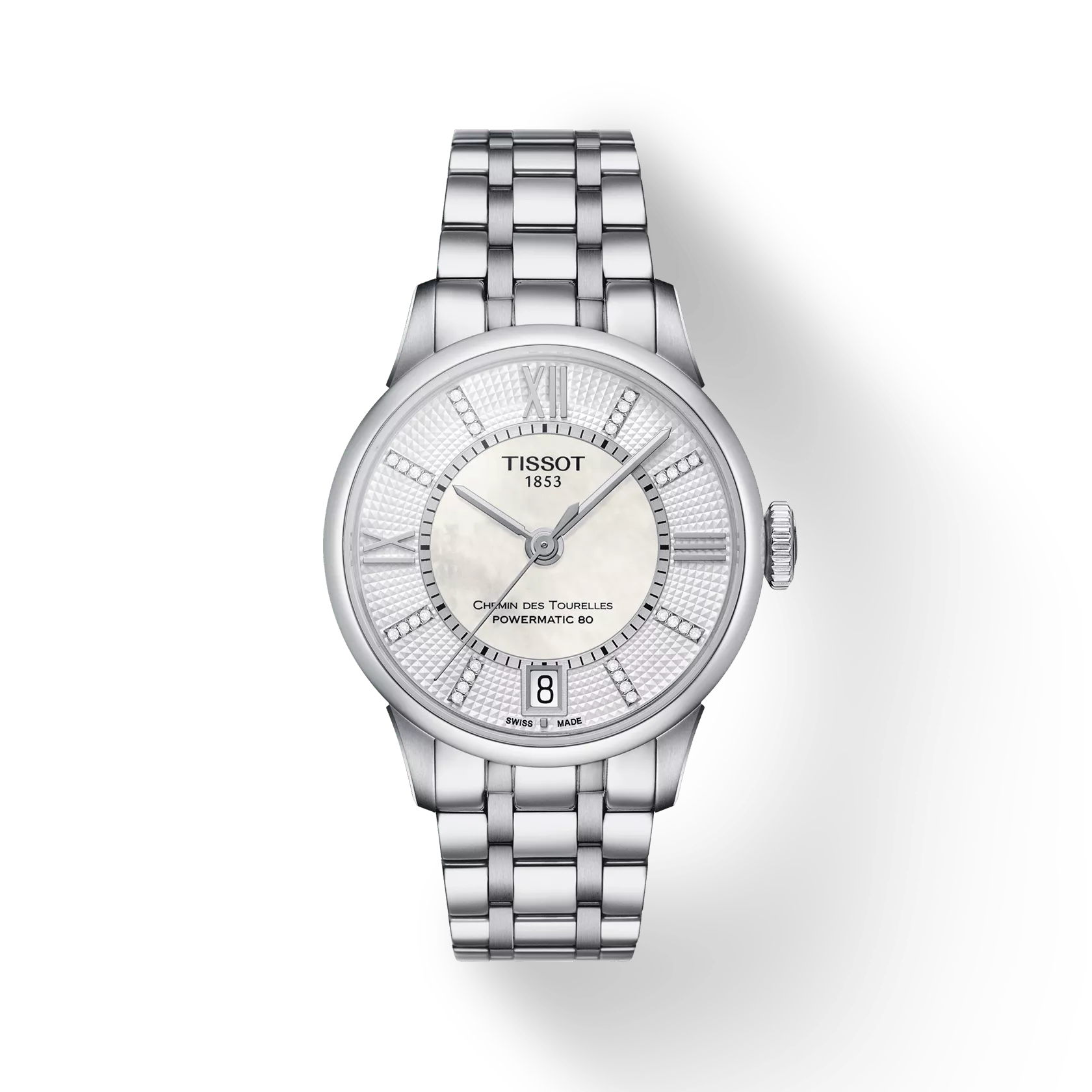 Front view of the watch Tissot Chemin des Tourelles Powermatic 80 Lady with shadow