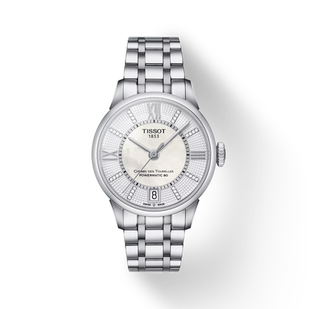 มุมมองด้านหน้าของนาฬิกา Tissot Chemin des Tourelles Powermatic 80 Lady พร้อมเงา