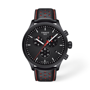 Vue de face de la montre Tissot Chrono XL Swiss Basketball avec ombre