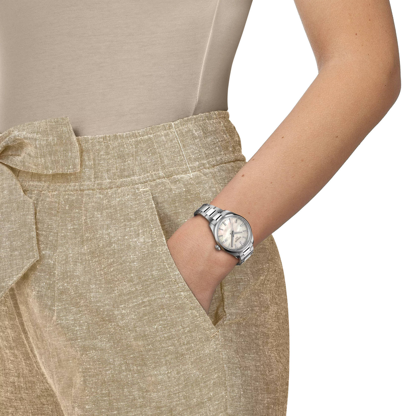 Simulation of the watch Tissot PR 100 34mm on a wrist