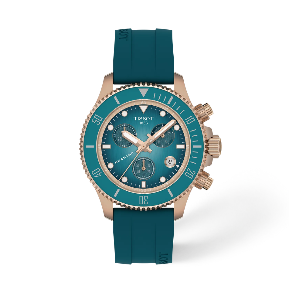 Vorderansicht der Uhr Tissot Seastar 1000 Quartz Chronograph 38mm mit Schatten