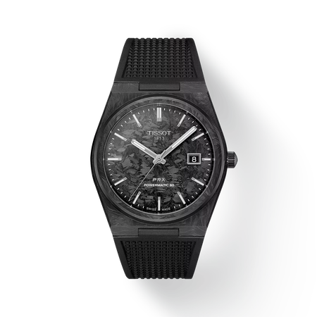 Front view of the watch Tissot PRX Carbon 40.5mm with shadow