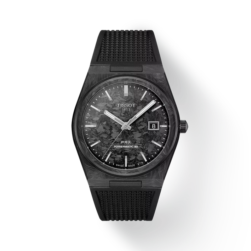 Front view of the watch Tissot PRX Carbon 40.5mm with shadow