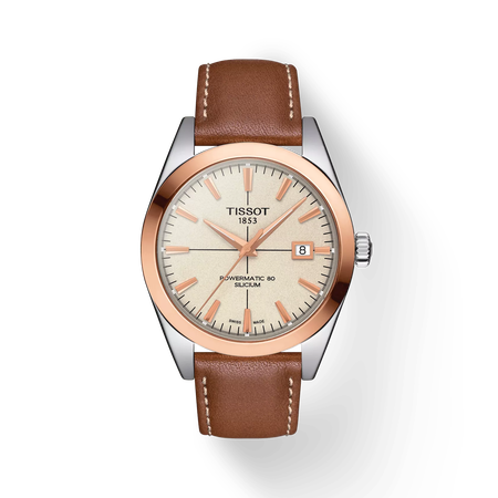 Front view of the watch Tissot Gentleman Gold bezel 40mm with shadow