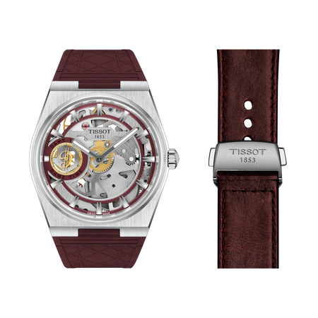 Front view of the watch Tissot PRX Skeleton Damian Lillard Special Edition with additional bracelet