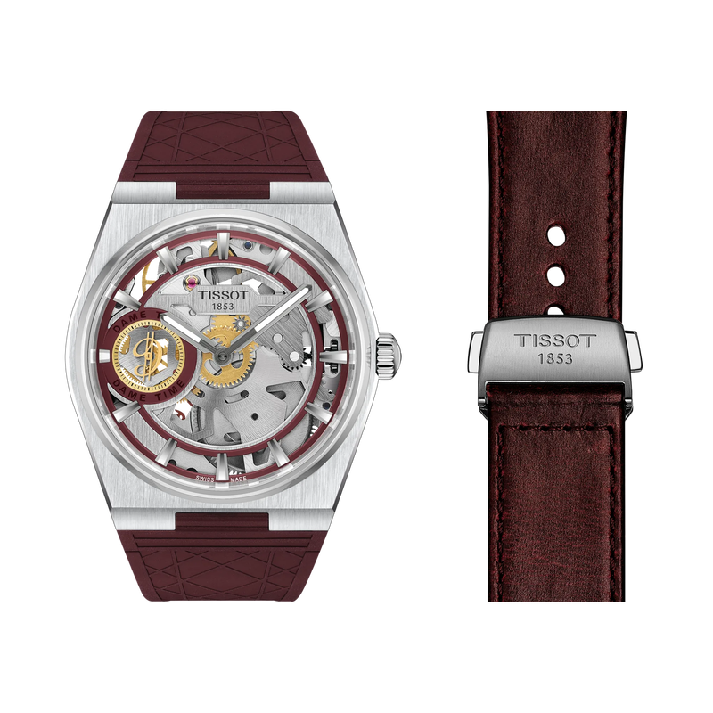Front view of the watch Tissot PRX Skeleton Damian Lillard Special Edition with additional bracelet