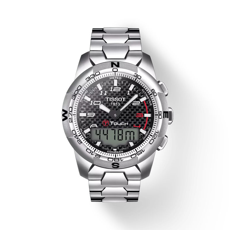 Front view of the watch Tissot T-Touch II Titanium with shadow