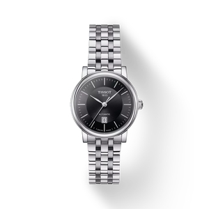 มุมมองด้านหน้าของนาฬิกา Tissot Carson Premium Automatic Lady พร้อมเงา