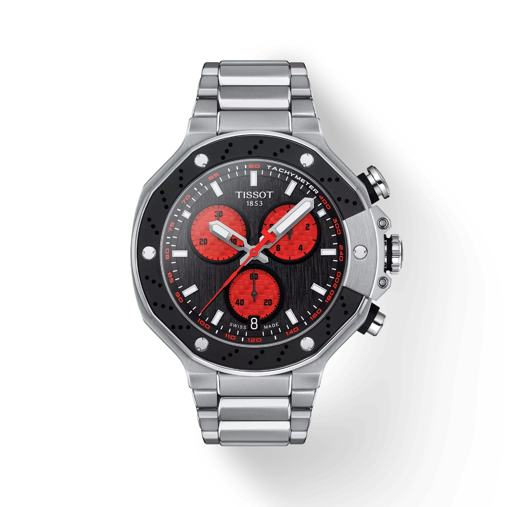 Front view of the watch Tissot T-Race Marc Marquez 2022 Limited Edition with shadow