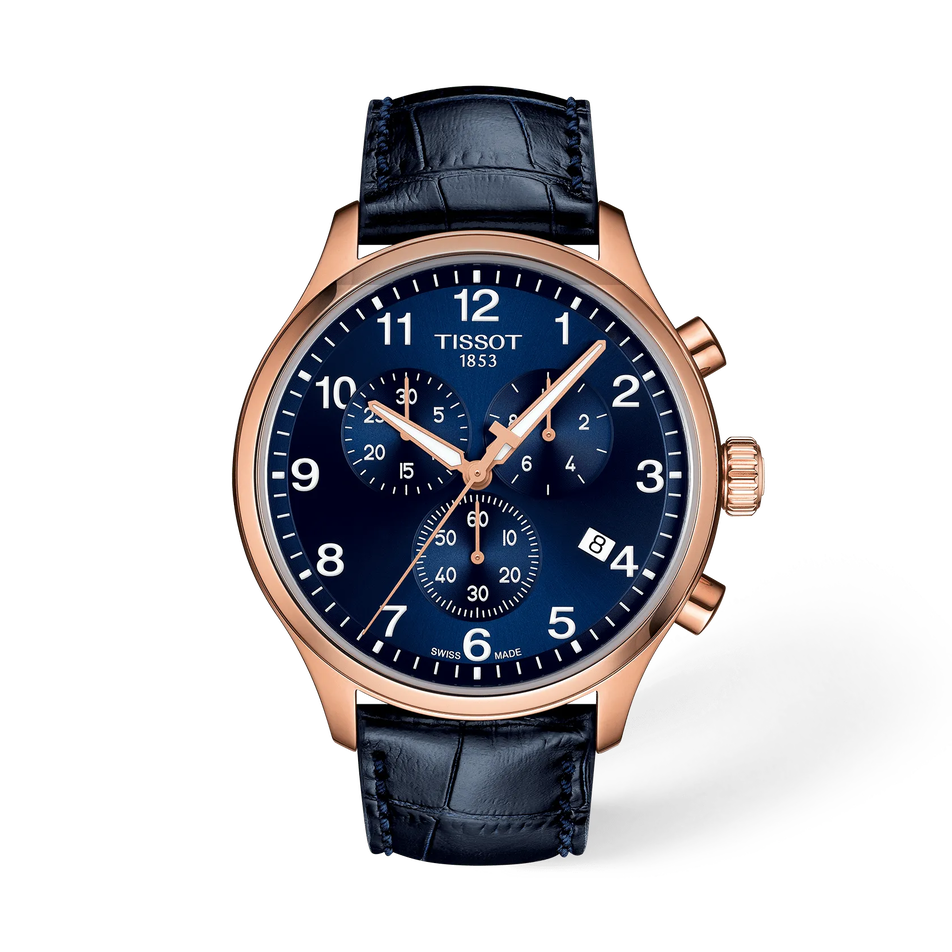 Front view of the watch Tissot Chrono XL Classic 45mm with shadow