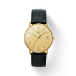 Front view of the watch Tissot Goldrun Hesalite Gold 33.7mm with shadow