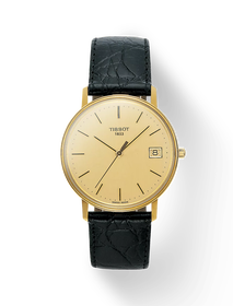 Front view of the watch Tissot Goldrun Hesalite Gold 33.7mm with shadow