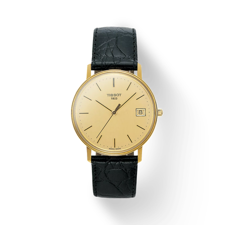 Front view of the watch Tissot Goldrun Hesalite Gold 33.7mm with shadow