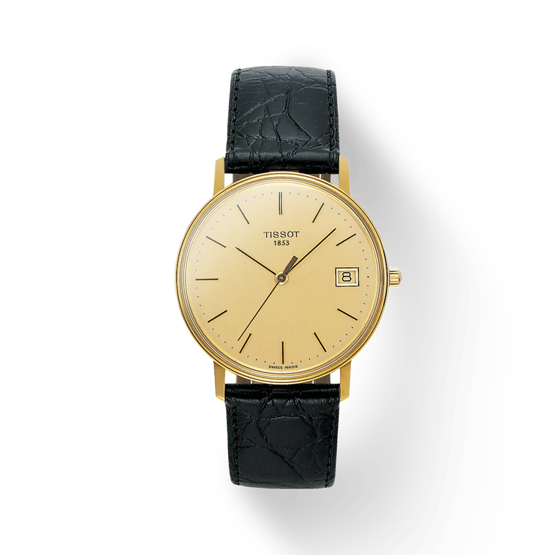 Front view of the watch Tissot Goldrun Hesalite Gold 33.7mm with shadow