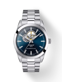 Front view of the watch Tissot Gentleman Open Heart 40mm with shadow