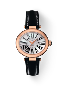 Front view of the watch Tissot Glamorous Lady Automatic 18K Gold with shadow