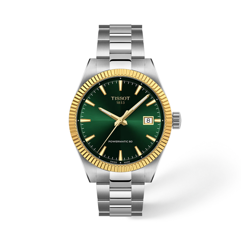 Front view of the watch Tissot Gentleman Gold Bezel 38mm with shadow