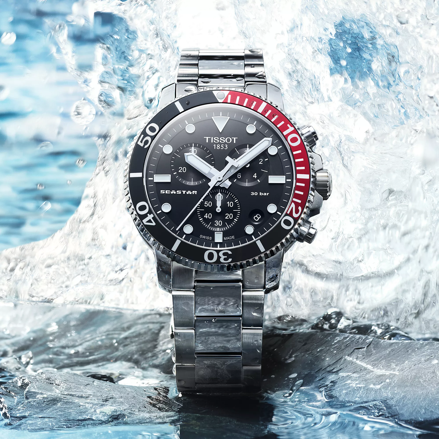 Tissot Seastar 1000 Chronograph watch on a colored background