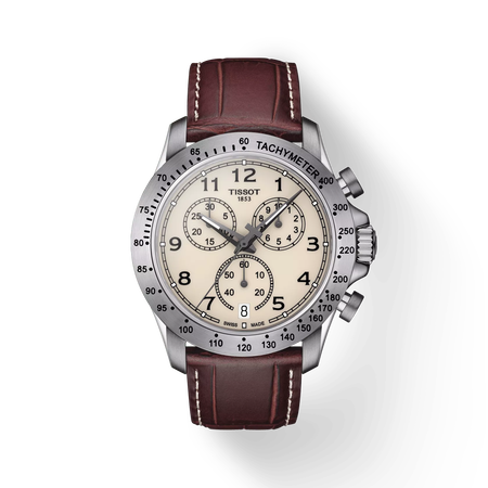 Front view of the watch Tissot V8 Quartz Chronograph with shadow