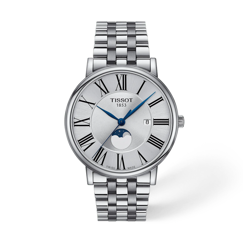 Vue de face de la montre Tissot Carson Premium 40mm avec ombre