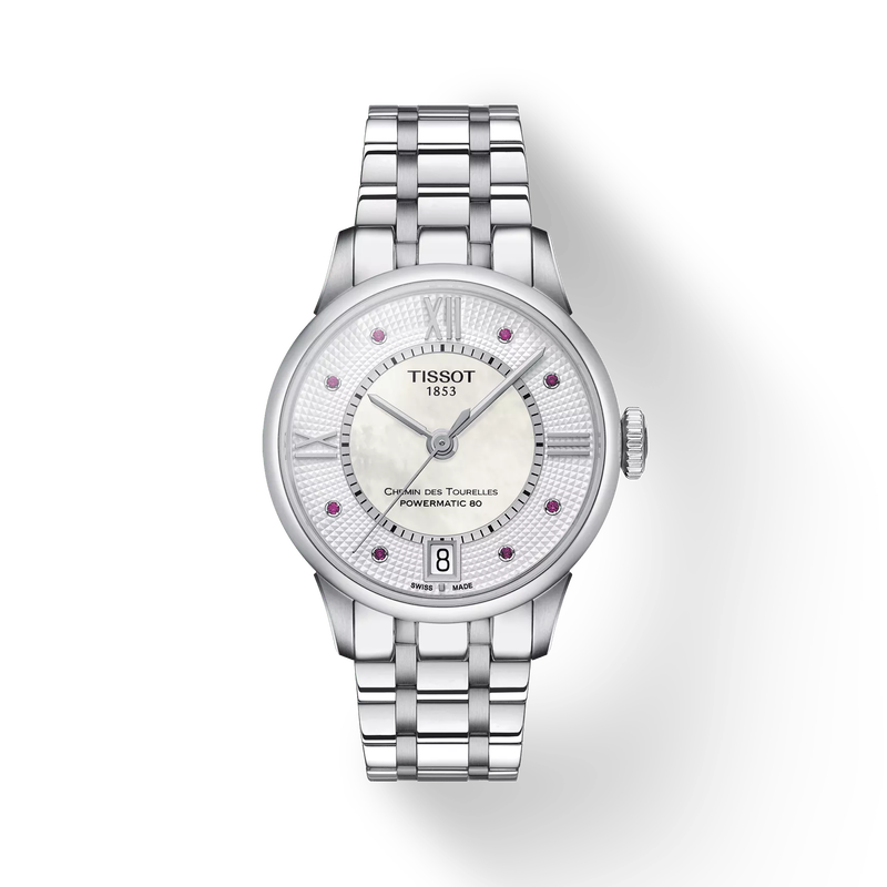 Front view of the watch Tissot Chemin des Tourelles Powermatic 80 Lady with shadow