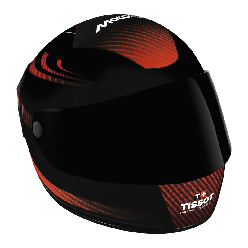 Vista frontal del reloj Tissot T-Race MotoGP 2026 45mm con apertura