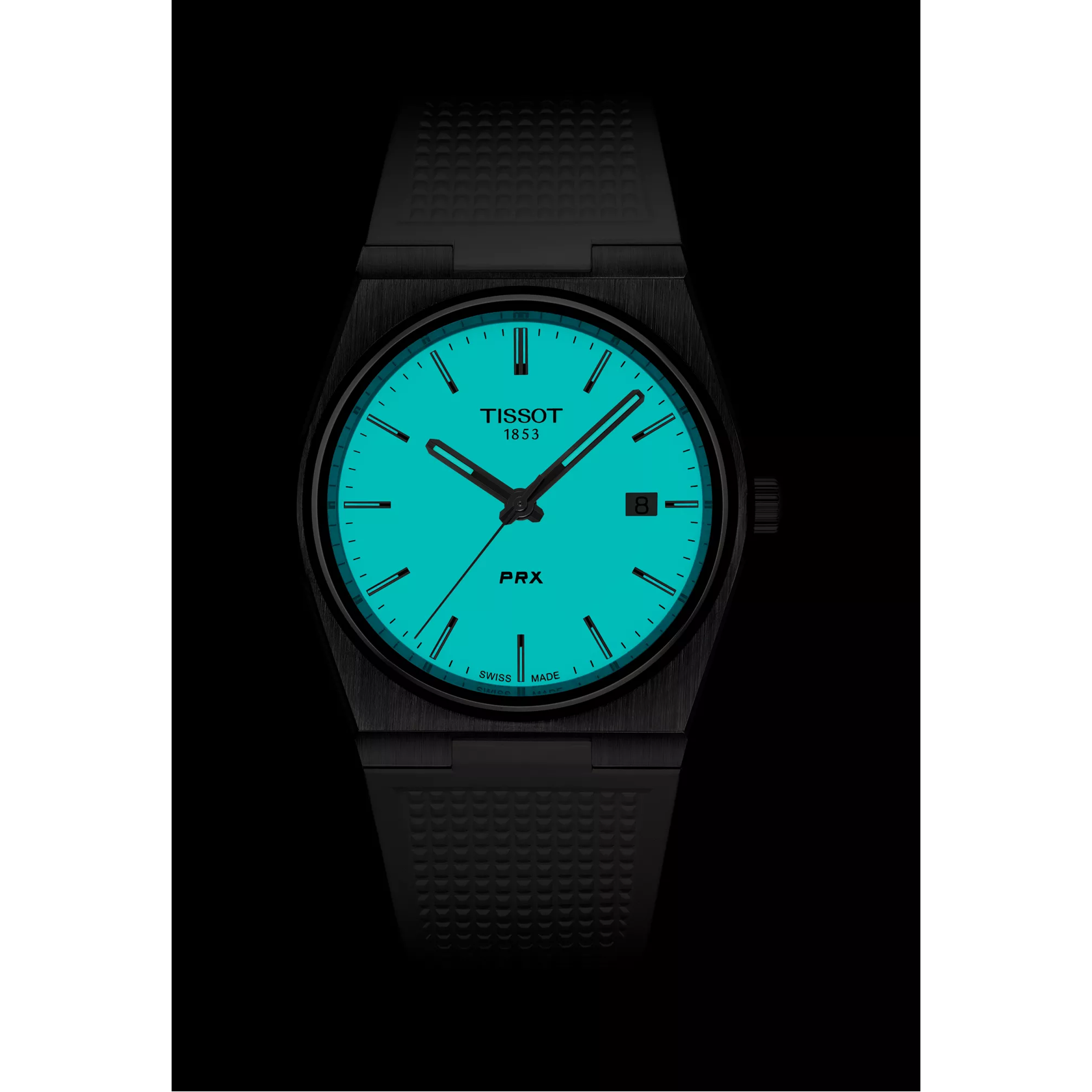 Front view of the watch Tissot PRX 40mm in night mode